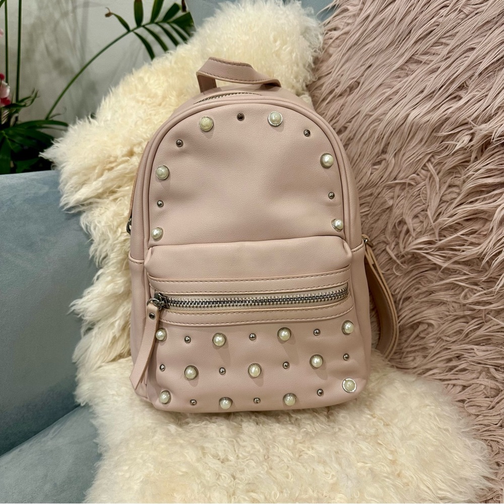 Design Lab blush/rose faux leather mini backpack with pearls & stud detail